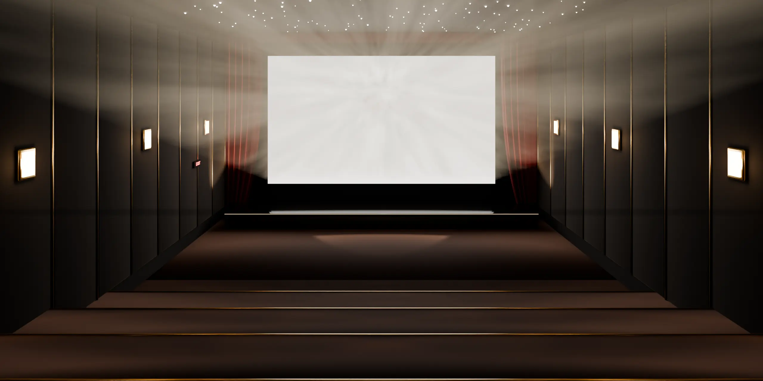 A private cinema in black and gold: rows of velvet seats with gold piping, a brass rail, and a projector beam reaching the screen
