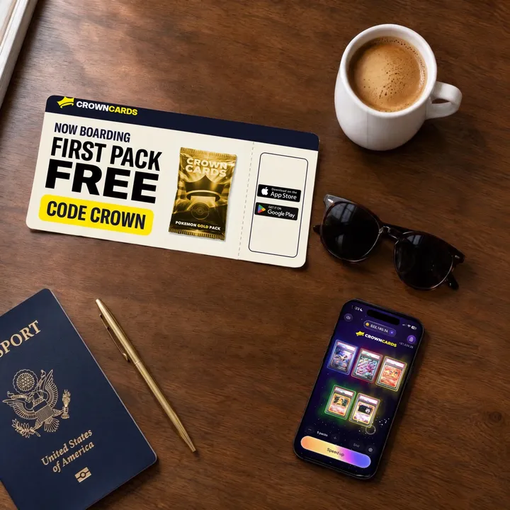 CrownCards static ad styled as a boarding pass: First pack free, code CROWN