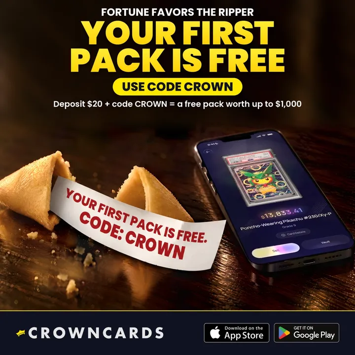 CrownCards static ad with a fortune cookie: Your first pack is free, code CROWN
